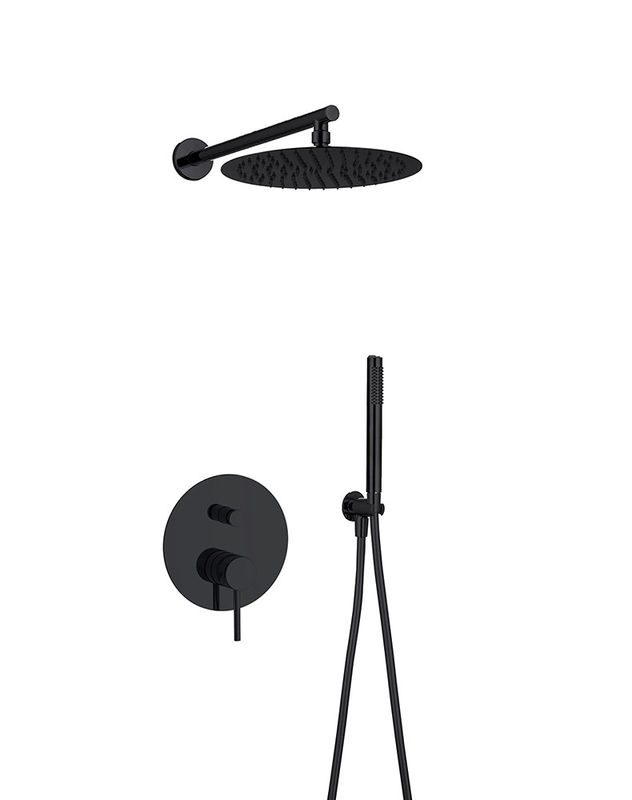 Clásico Matt Negro en la pared ducha grifo lluvia oculta en la pared latón anular Knurl mango