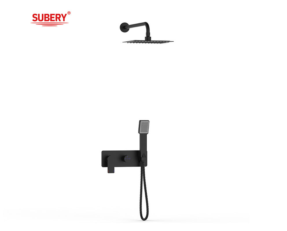 Una sola palanca oculta en la pared baño o ducha mezclador con desvío ducha de lluvia ducha de mano baño Matt negro grifo de cobre