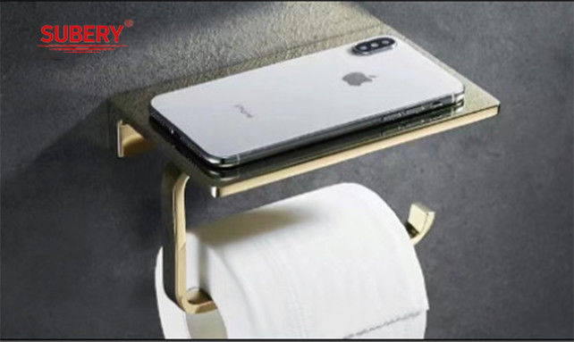 Portapapel de baño de zinc montado en la pared portapapel de tejido portapapel de rollo color dorado con estante de teléfono móvil